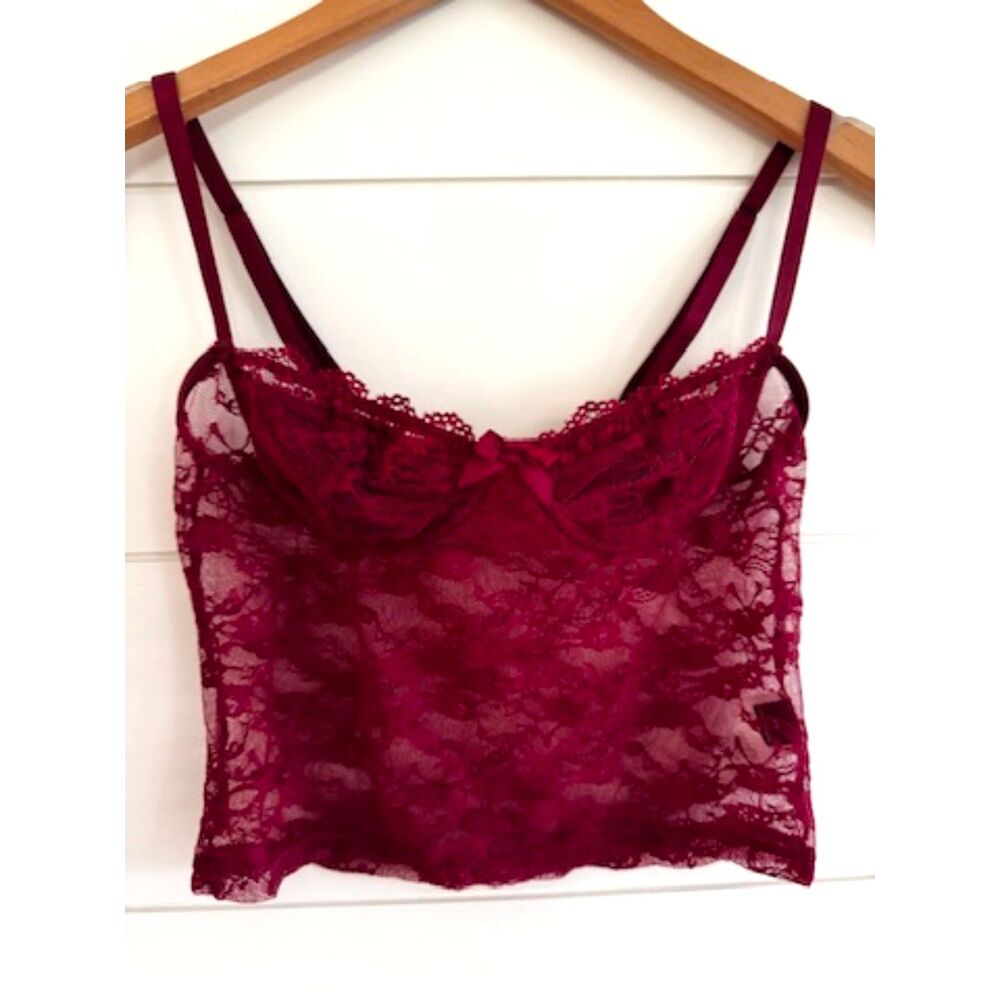 Coquette Lace Cami Burgundy Red Sheer Bralette Crop Tank Top Y2K Soft Girl XS